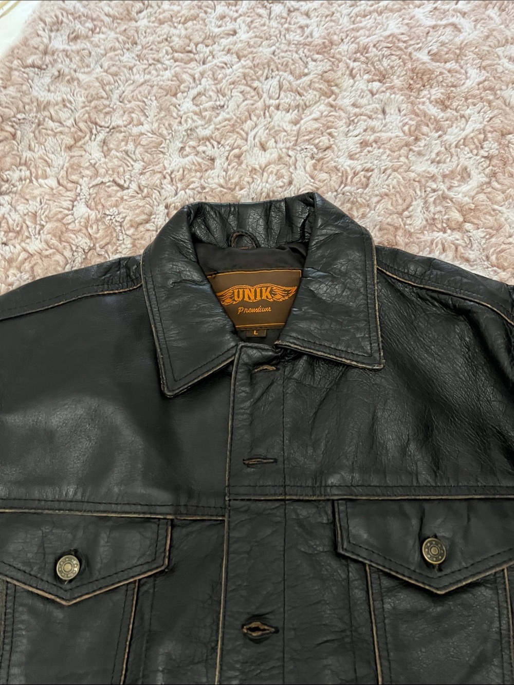 Unik Black Leather Bomber Jacket with Contrast Stitching